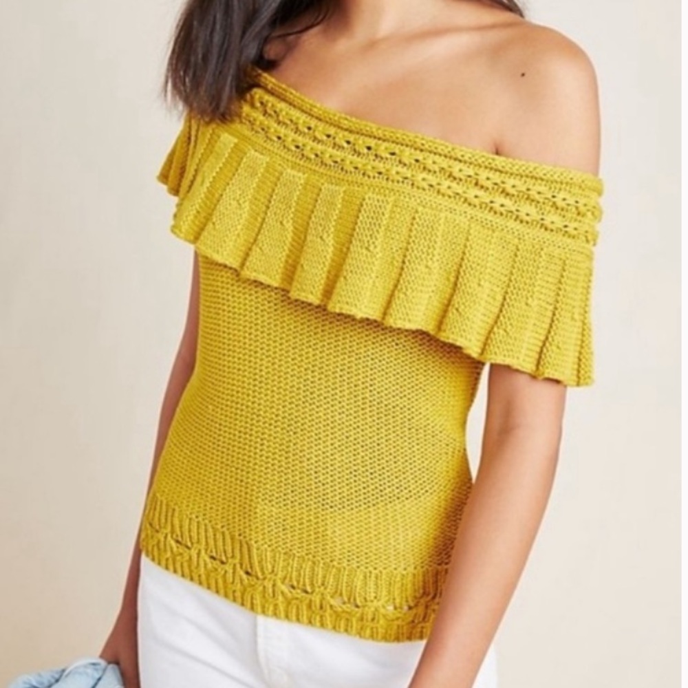 Anthropologie Yellow Off-Shoulder Ruffle Knit Top - Picture 3 of 8
